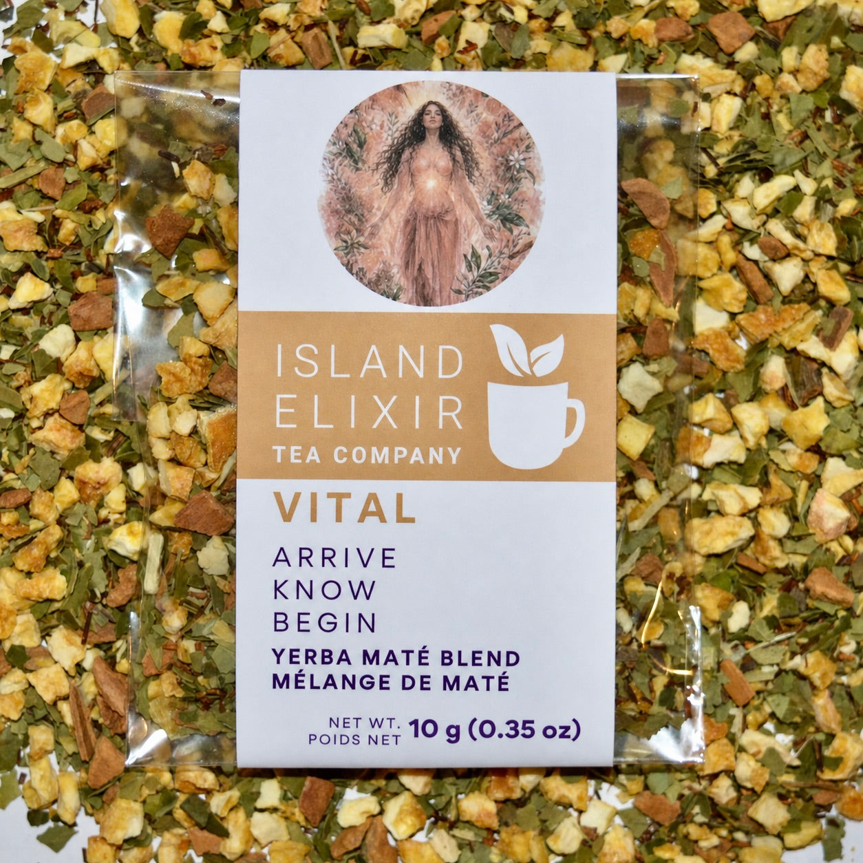 Vital Herbal Tea 4 cups of tea size compostable packaging sitting on loose leaf tea that contains orange pieces*, Yerba Maté*, Cinnamon (true)*, Rooibos*