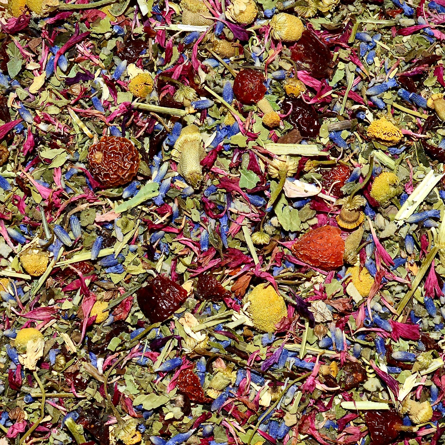 West Coast Unwind Loose Leaf Herbal Tea rose hip, lemon balm, lavender, marshmallow leaf, passion flower chamomile, red cornflower.