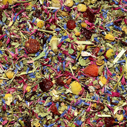 West Coast Unwind Loose Leaf Herbal Tea rose hip, lemon balm, lavender, marshmallow leaf, passion flower chamomile, red cornflower.