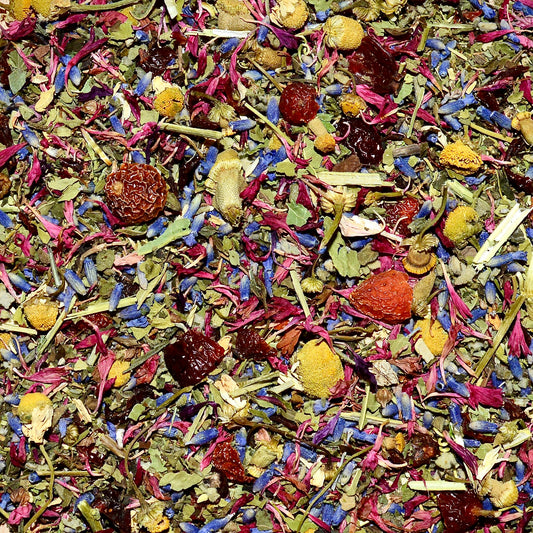 West Coast Unwind Loose Leaf Herbal Tea rose hip, lemon balm, lavender, marshmallow leaf, passion flower chamomile, red cornflower.