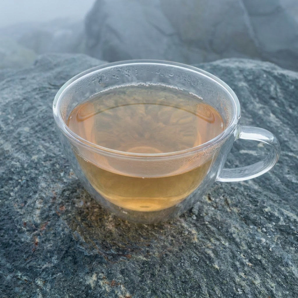 Kiambo mist Kenyan white tea steeped in clear cup on a fogy day