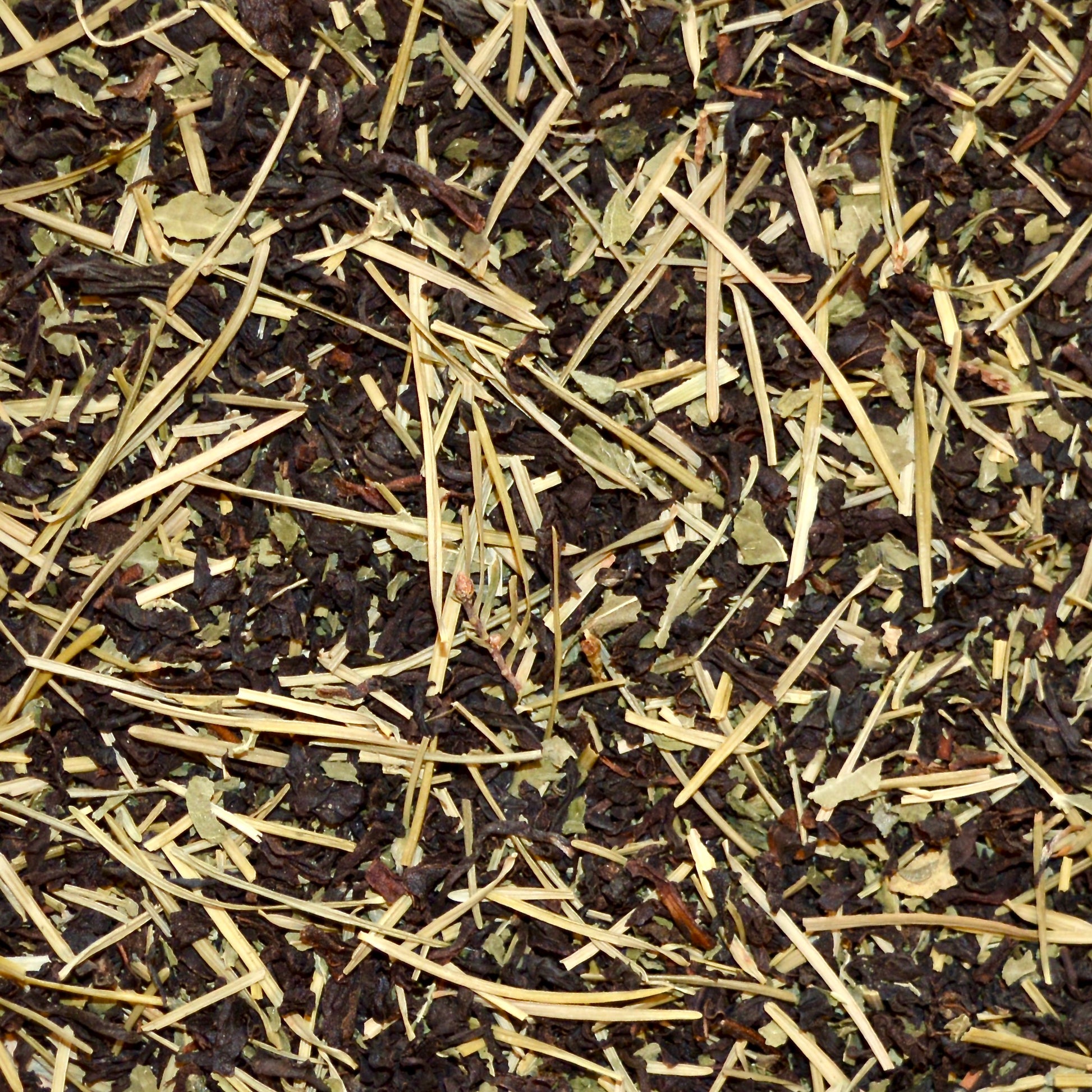 Pacific Forest black tea showing the Sri Lankan (Ceylon) black tea, Douglas fir needles, and nettle. Tea from the West Coast of Vancouver Island made from foraged Douglas Fir needles picked in spring and summer.