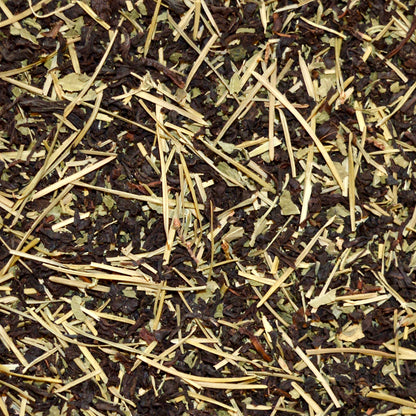 Pacific Forest black tea showing the Sri Lankan (Ceylon) black tea, Douglas fir needles, and nettle. Tea from the West Coast of Vancouver Island made from foraged Douglas Fir needles picked in spring and summer.