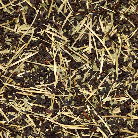 Pacific Forest black tea showing the Sri Lankan (Ceylon) black tea, Douglas fir needles, and nettle. Tea from the West Coast of Vancouver Island made from foraged Douglas Fir needles picked in spring and summer.