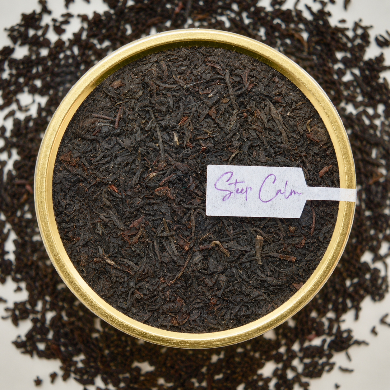 top view Salish Breakfast Black Tea 30 cups of tea size gold finish tin Black tea certified organic ingredients from China, India & Sri Lanka